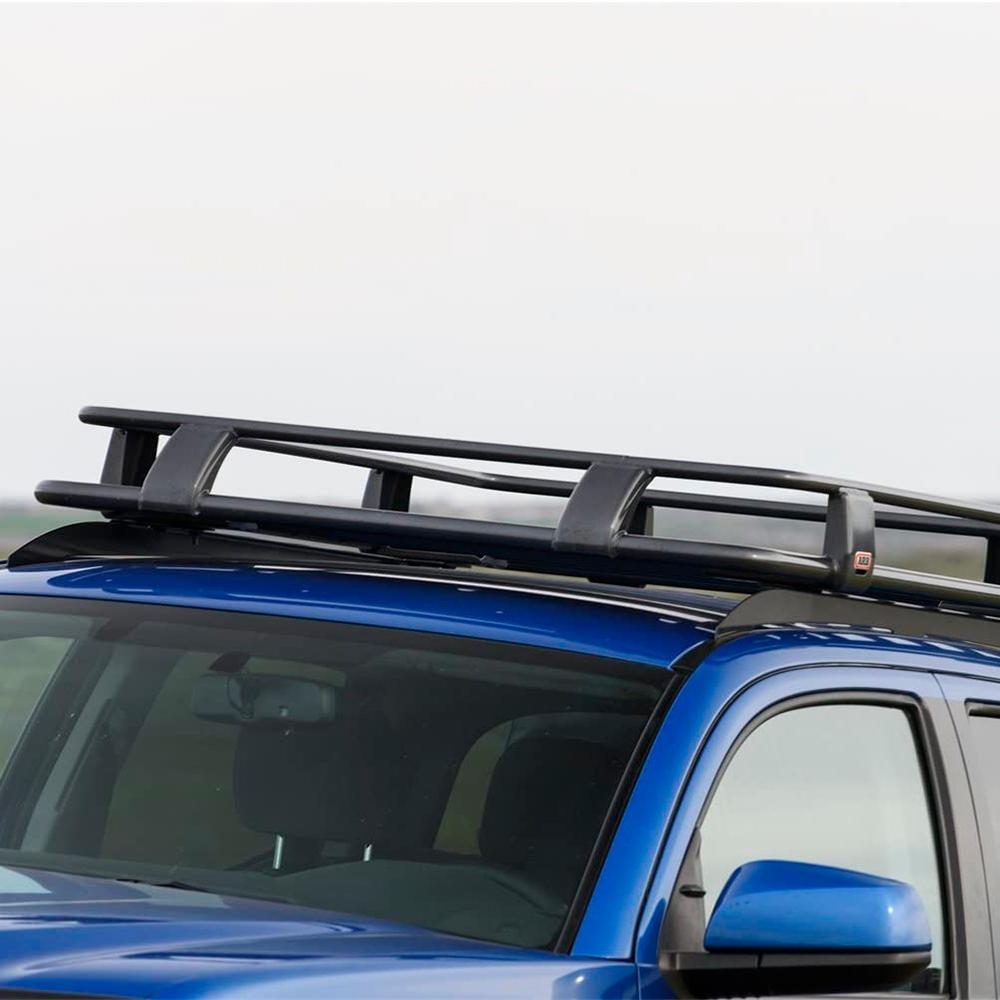 A blue SUV with a ARB Steel Roof Rack System for Jeep Wrangler 2018-2020 3813030KJL on top, perfect for cargo transportation.