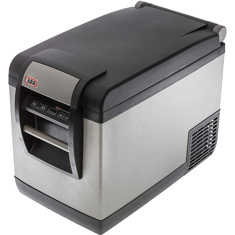 A black and silver ARB Classic Series II 37 Quarts Portable Fridge Freezer Electric Powered 12V/110V 10801352 with a metal color on a white background.