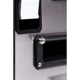 A close up of an ARB stainless steel door with a black handle, showcasing the sleek design and sturdy construction.