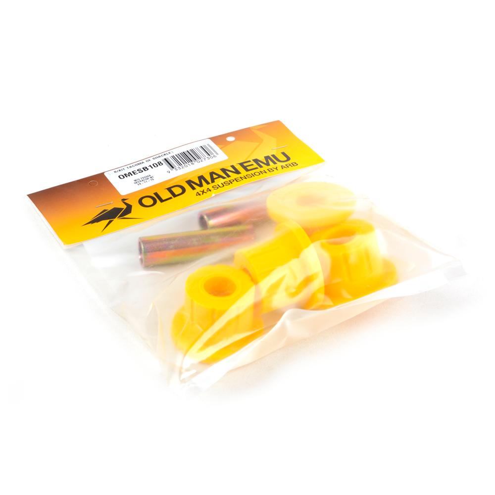A package of OME Leaf Spring Bushing Kit OMESB108 for Toyota Tacoma (1998-2022) by Old Man Emu for suspension maintenance and off-road drivability.