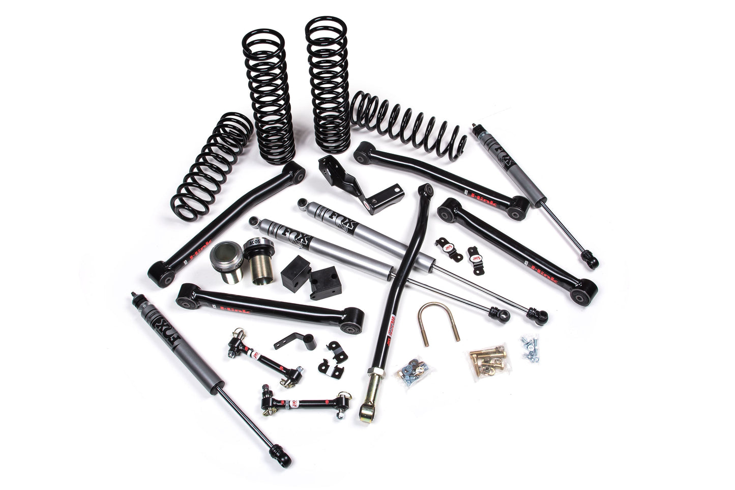 A JKS 3.5 Inch Jeep Wrangler JK (06-18) 2 Door J-Lander Lift Kit for a jeep with a high-performing suspension system and durable springs for optimal offroad articulation.