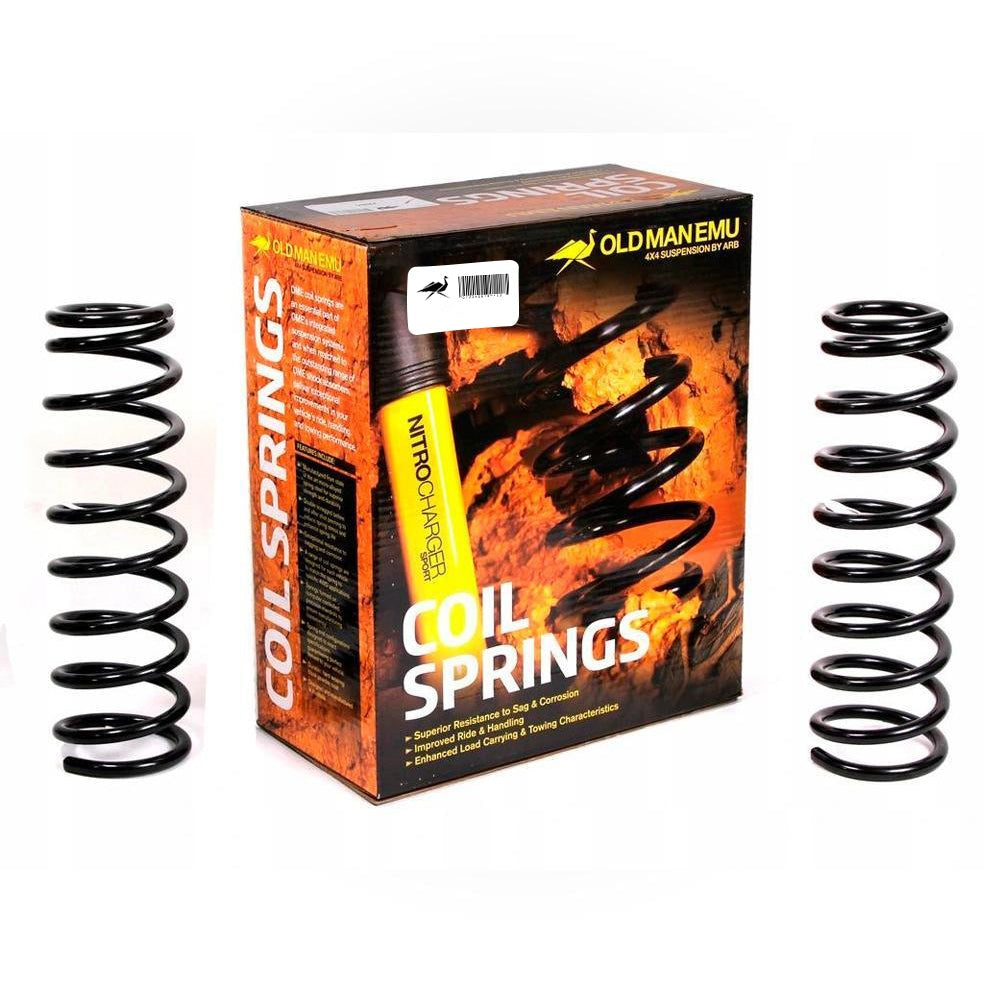 A set of Old Man Emu coil springs packaged in a box for easy installation.
