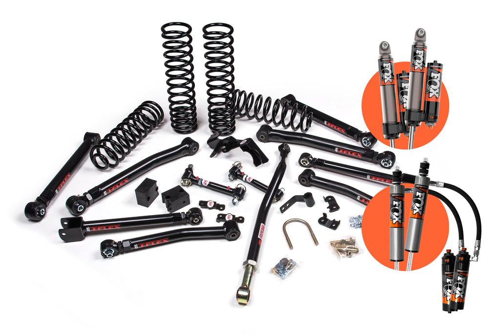 A JKS suspension kit with JKS springs and enhanced offroad articulation.