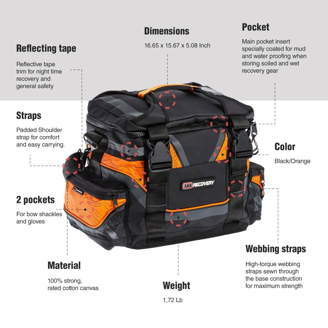 A diagram showcasing the features of an ARB Orange Large Recovery Bag ARB501A, which includes a vehicle snatch strap and other essential recovery gear.