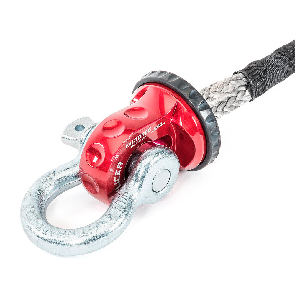 A Factor 55 Splicer Shackle Mount Thimble in Red 00352-01 with rope protection, on a white background.