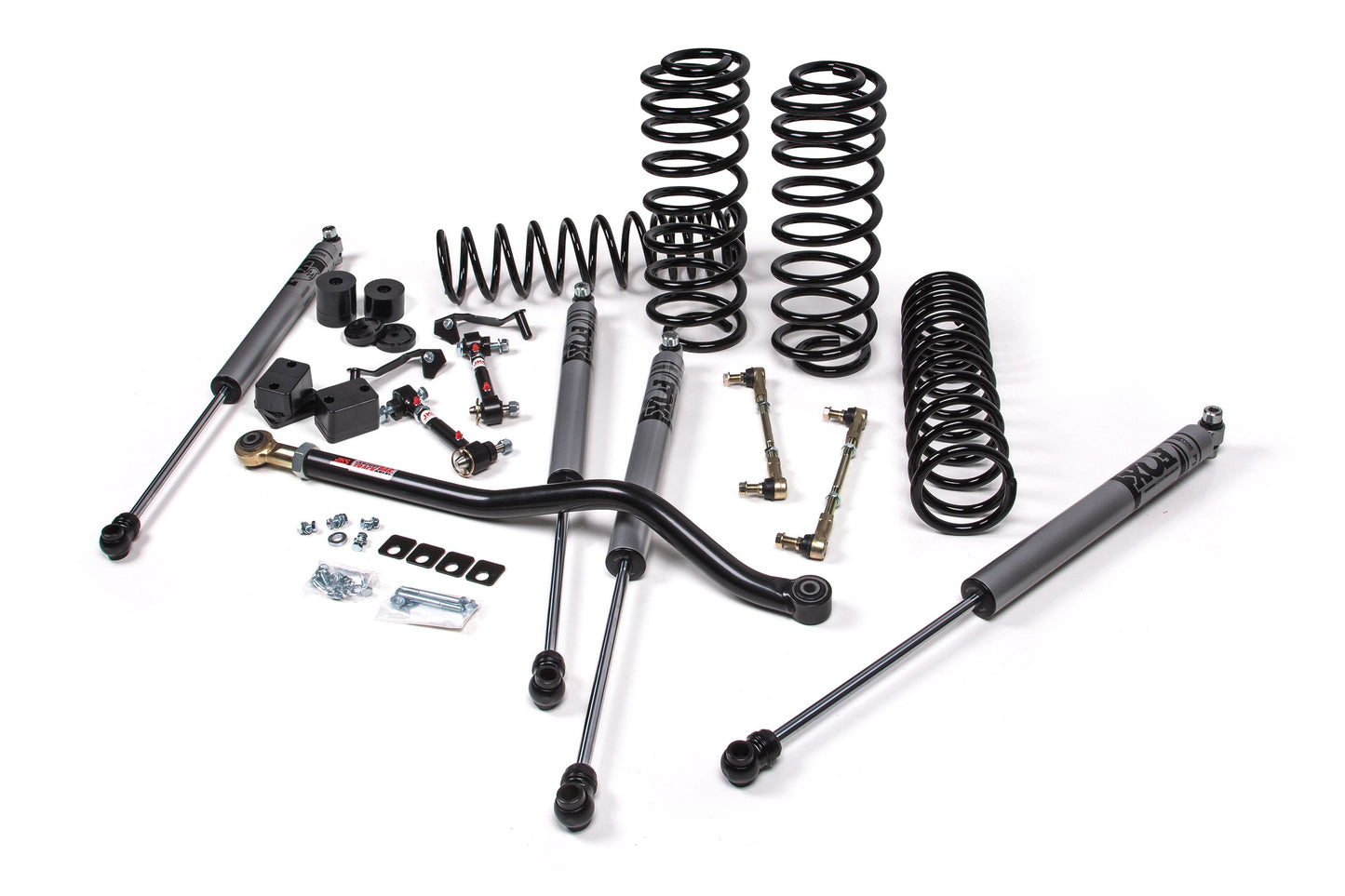 A JKS suspension kit with dual rate coil springs and adjustable track bar.
