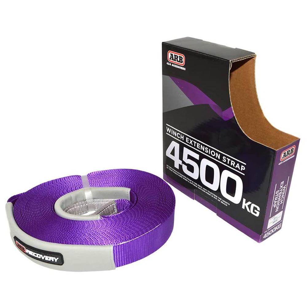 A purple ARB Winch Extension Strap ARB725LB with a box next to it.
