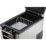 A black and silver ARB cooler equipped with a wire basket, perfect for keeping beverages cool during outdoor activities.