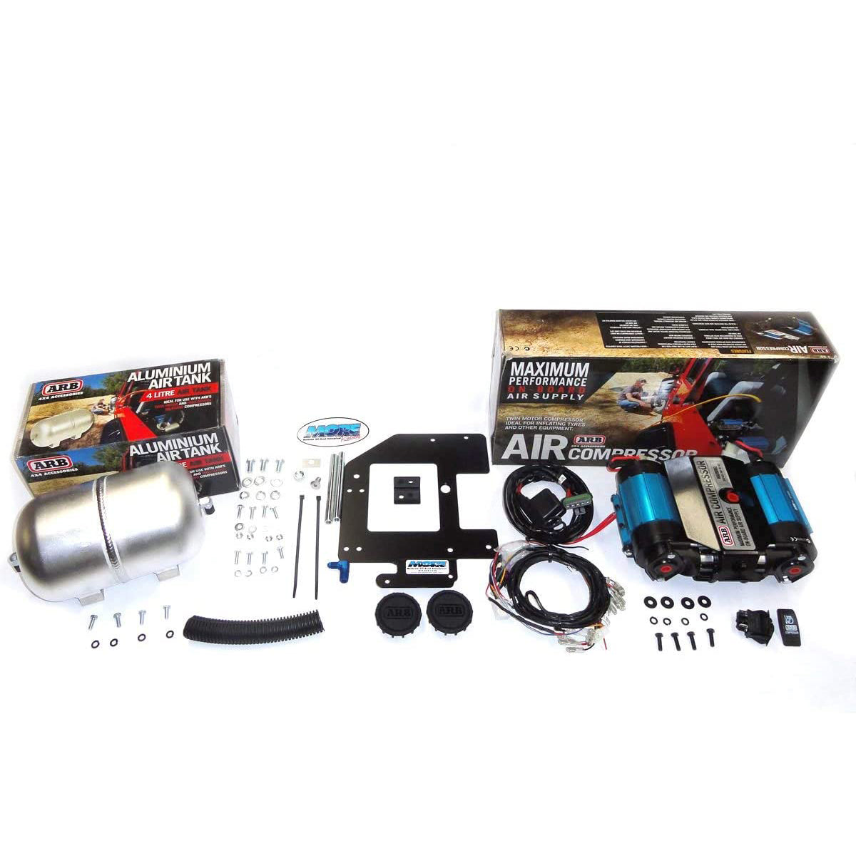 A set of ARB air compressors and accessories, including an ARB 12 Volts On-Board Twin High Performance Air Compressor 12V- CKMTA12, for a car.