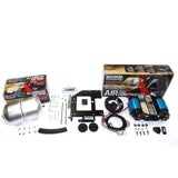 A set of ARB air compressors and accessories, including an ARB 12 Volts On-Board Twin High Performance Air Compressor 12V- CKMTA12, for a car.