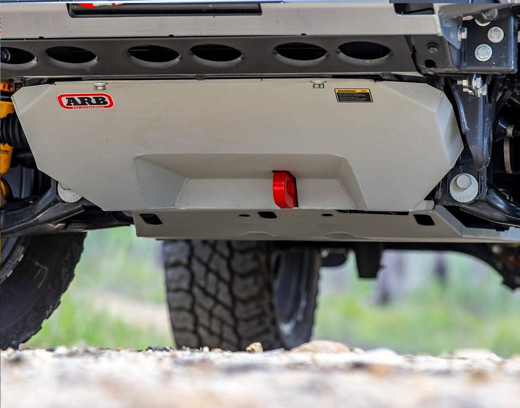 The rear bumper of a jeep wrangler features the ARB Under Vehicle Skid Plates System without kinetic (Non-KDSS) 5421100 for optimal underbody protection.