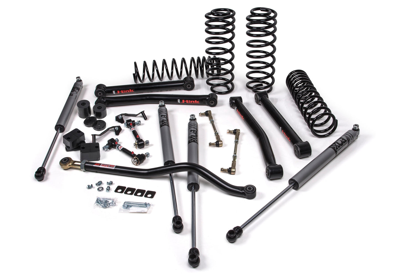 A JKS suspension kit for a Jeep Wrangler JL (18-ON) - DIESEL 4 Door designed for optimal offroad articulation, consisting of control arms and springs.
