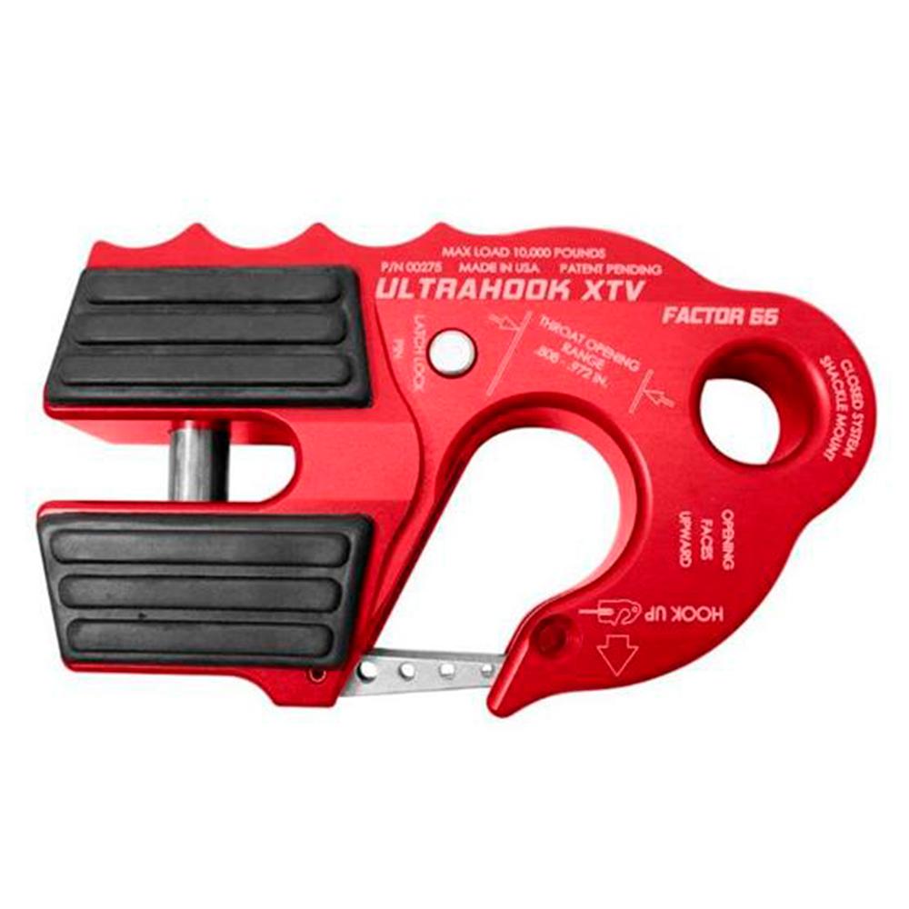 A lightweight Factor 55 UltraHook Winch Shackle Aluminum in Red 00250-01 cleat with ultimate strength on a white background.