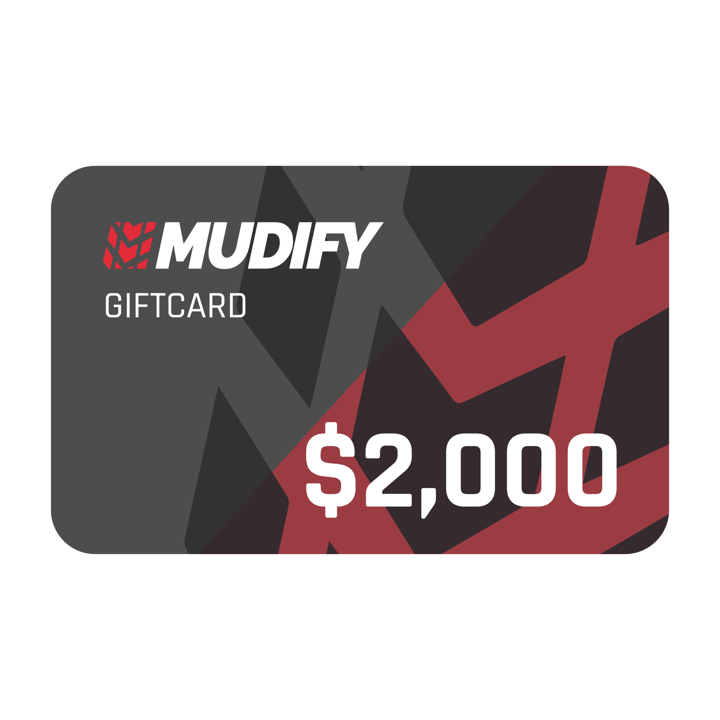 A Mudify Gift Card with a red and black design, perfect for discounts on digital purchases.