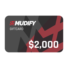 Load image into Gallery viewer, A Mudify Gift Card with a red and black design, perfect for discounts on digital purchases.