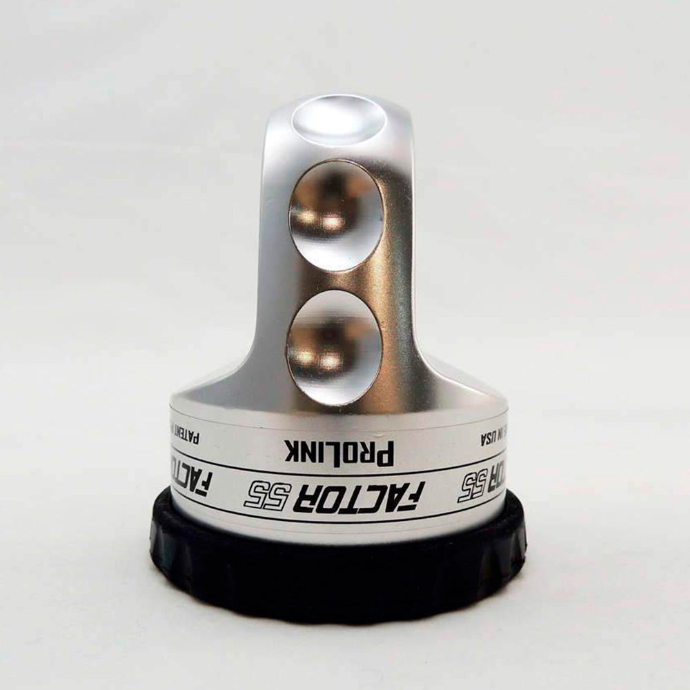 A Factor 55 Shackle Mount in Silver 00015-05, with a white handle on it, designed for use with winch hooks and screw pin shackles for efficient recovery.