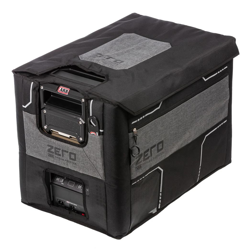 A durable ARB black box with a zipper on it, featuring an easy-fit design and designed to keep the ARB Transit Bag for Zero Fridge Freezer 47QT 10900051 cool.