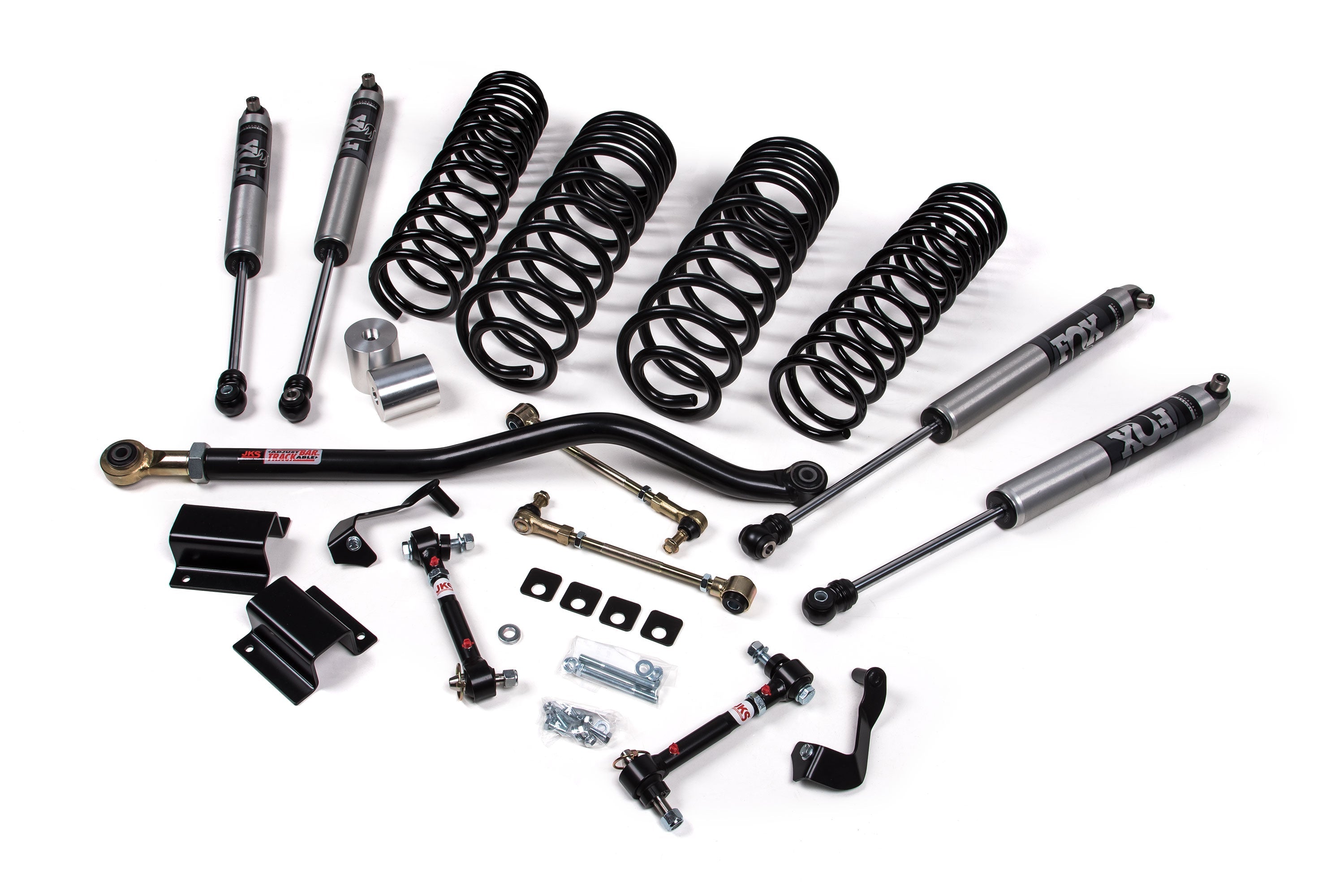 A JKS 3.5 Inch Jeep Gladiator JT (20-ON) J-Venture Lift Kit for a jeep with adjustable trackbar and coil springs.