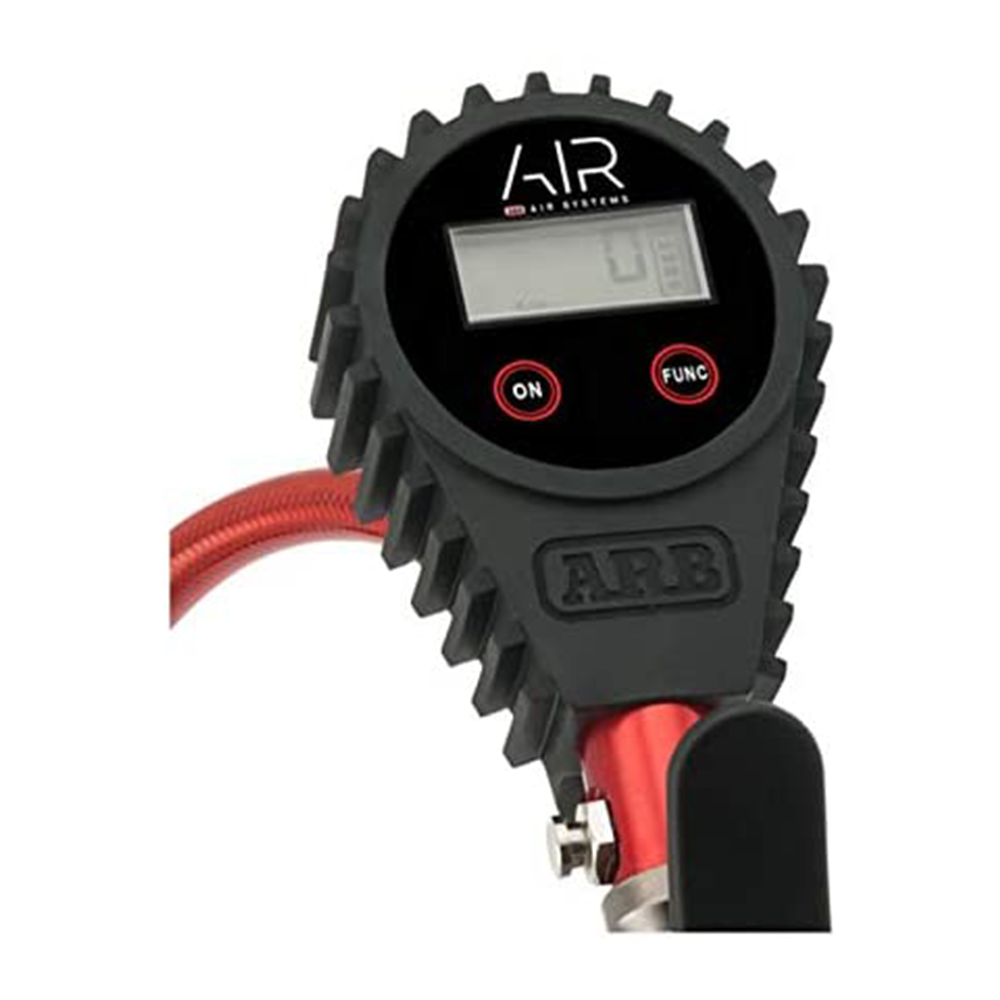 An ARB Digital Tire Pressure Gauge with Braided Hose ARB601, known for its accuracy in tire inflation, is presented on a white background.