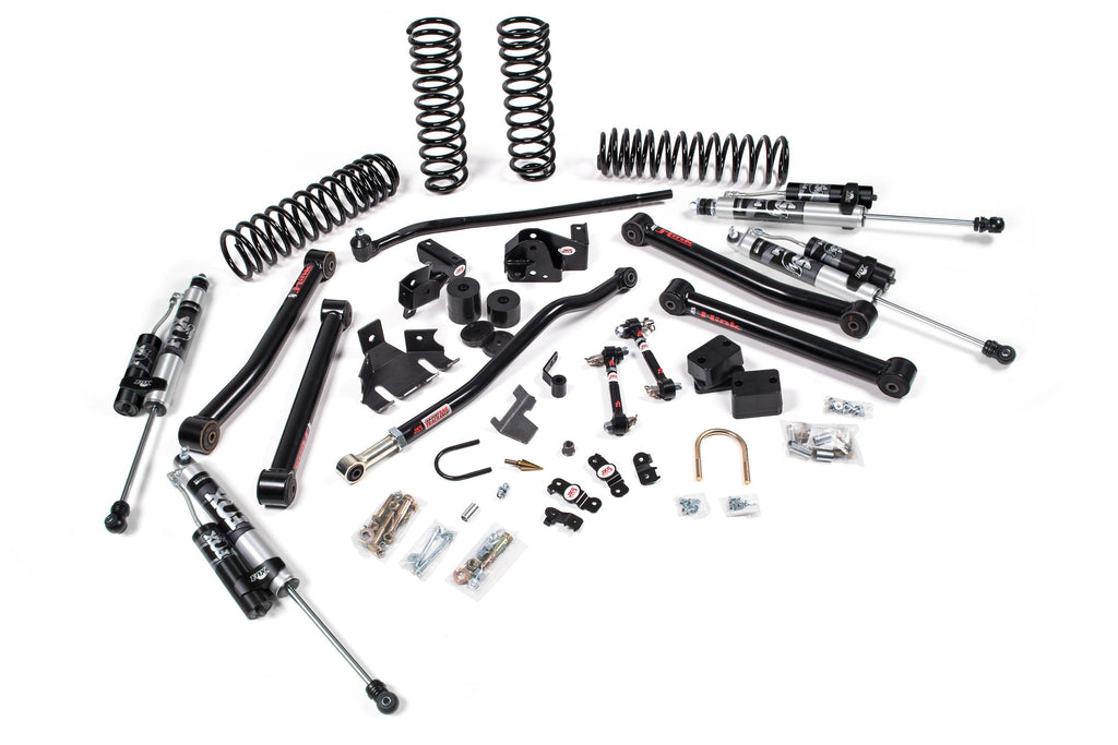 A JKS suspension system for a Jeep Wrangler JK (06-18) 4 Door J-Konnect Lift Kit with offroad articulation and improved steering angles.