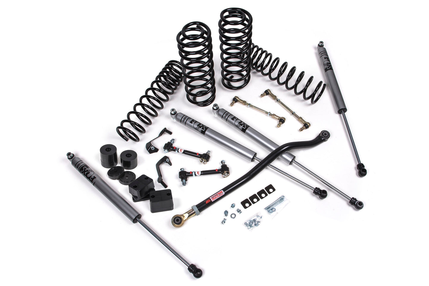 A JKS suspension kit for a Jeep Wrangler JL (18-ON) - DIESEL 4 Door J-Venture with coil springs and a sway bar.