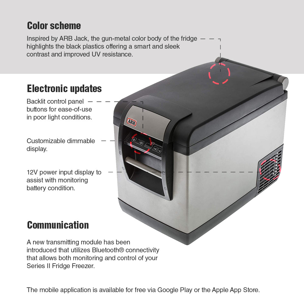 This description highlights the convenient features of the ARB Classic Series II 37 Quarts Portable Fridge Freezer Electric Powered 12V/110V 10801352, including a transmitting module for wireless connectivity and control via a dedicated mobile app. Additionally, the cooler showcases an attractive metal color option that adds to its appeal.