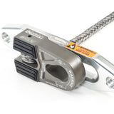 A Factor 55 FlatLink E (EXPERT) Shackle Mount - Gray 00080-06, a closed system winching device, featuring a metal strap with a rope attached to it.