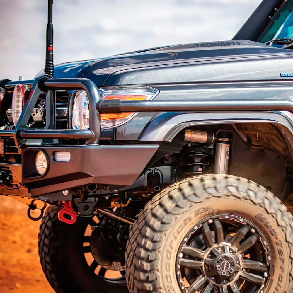 OME BP-51 Front Coilover LH BP5190004L for Toyota 4Runner (10-23), Landcruiser 150 Series installed on rugged off-road vehicle suspension system