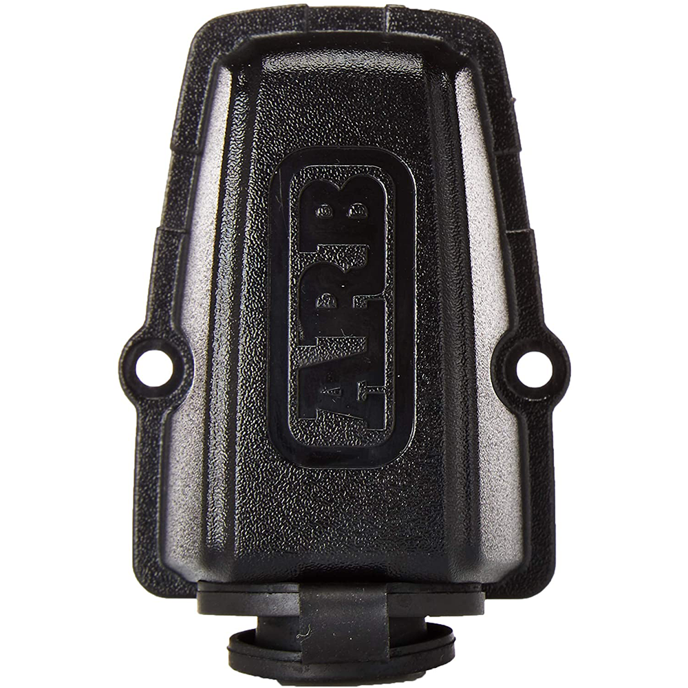 A black plastic cover with a black handle, offering quick installation of the ARB Fridge Freezer Wiring Kit And Threaded Socket Mount 6M 10900027 by ARB.