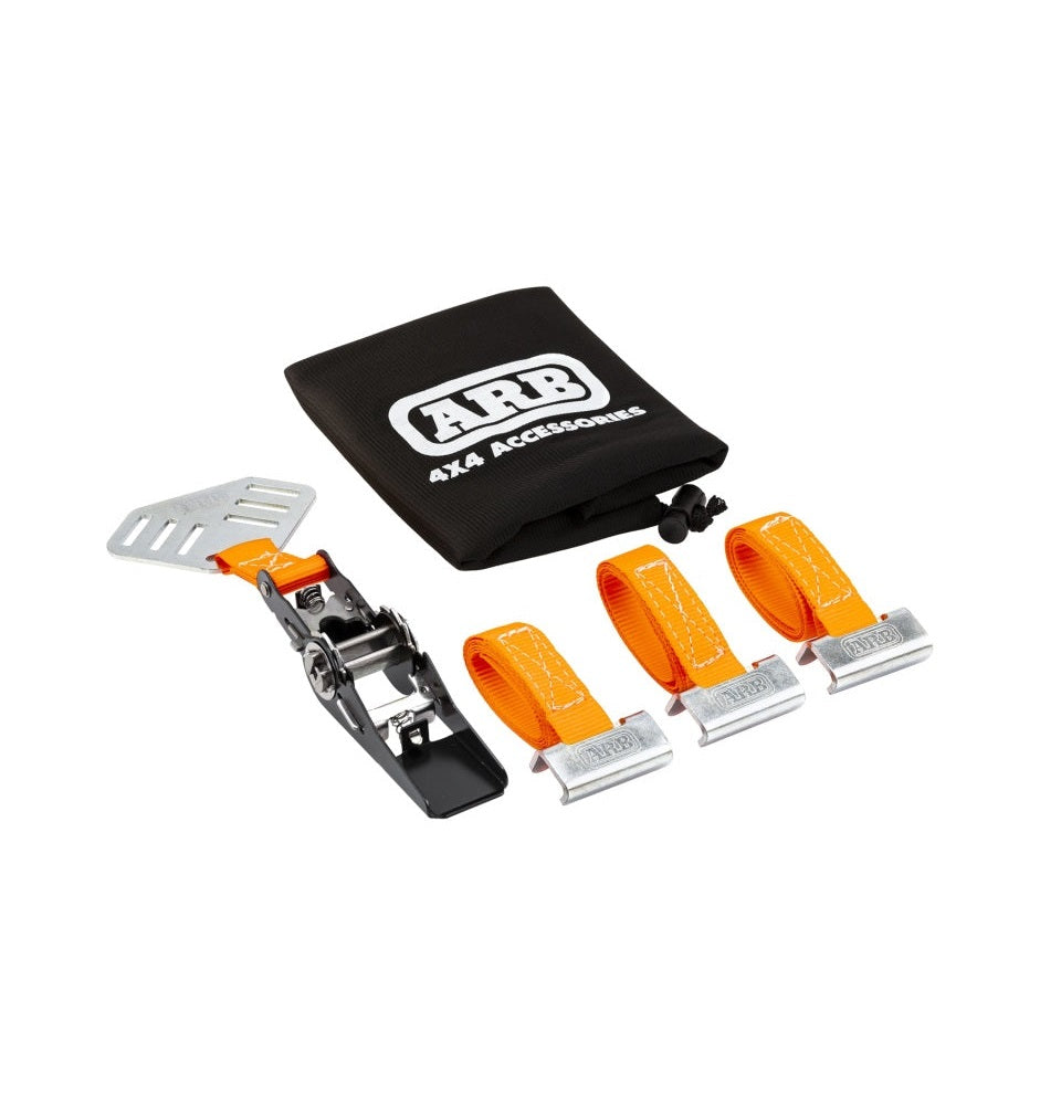 A pair of ARB Rack Spare Wheel Y Straps 1780380 and an ARB bag for securing cargo loading onto the BASE Rack's tie-down points.