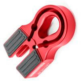 A pair of Factor 55 Flat Splicer 3/8-1/2' in Red 00375-01 clamps securely fastened with synthetic winch rope, offering UV protection and oxidation protection, against a pure white background.