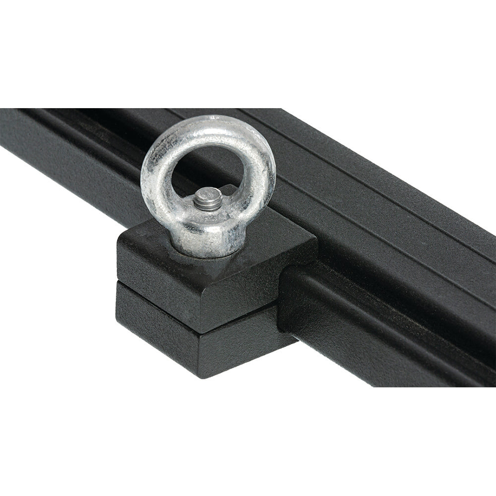 A black metal bracket with a dovetail system hook on it, featuring the ARB Eye Bolt Tie-Down (Set Of Four) 1780200 by ARB.