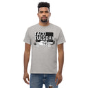 A man wearing a Taco Tuesday Tee by Mudify, which says "taco today" on a 100% cotton t-shirt.