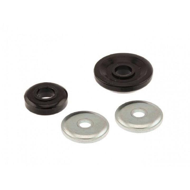 A set of black Old Man Emu OME3125 washers and Old Man Emu OME Upper Strut Bushing for Toyota Landcruiser 200 series on a white background.
