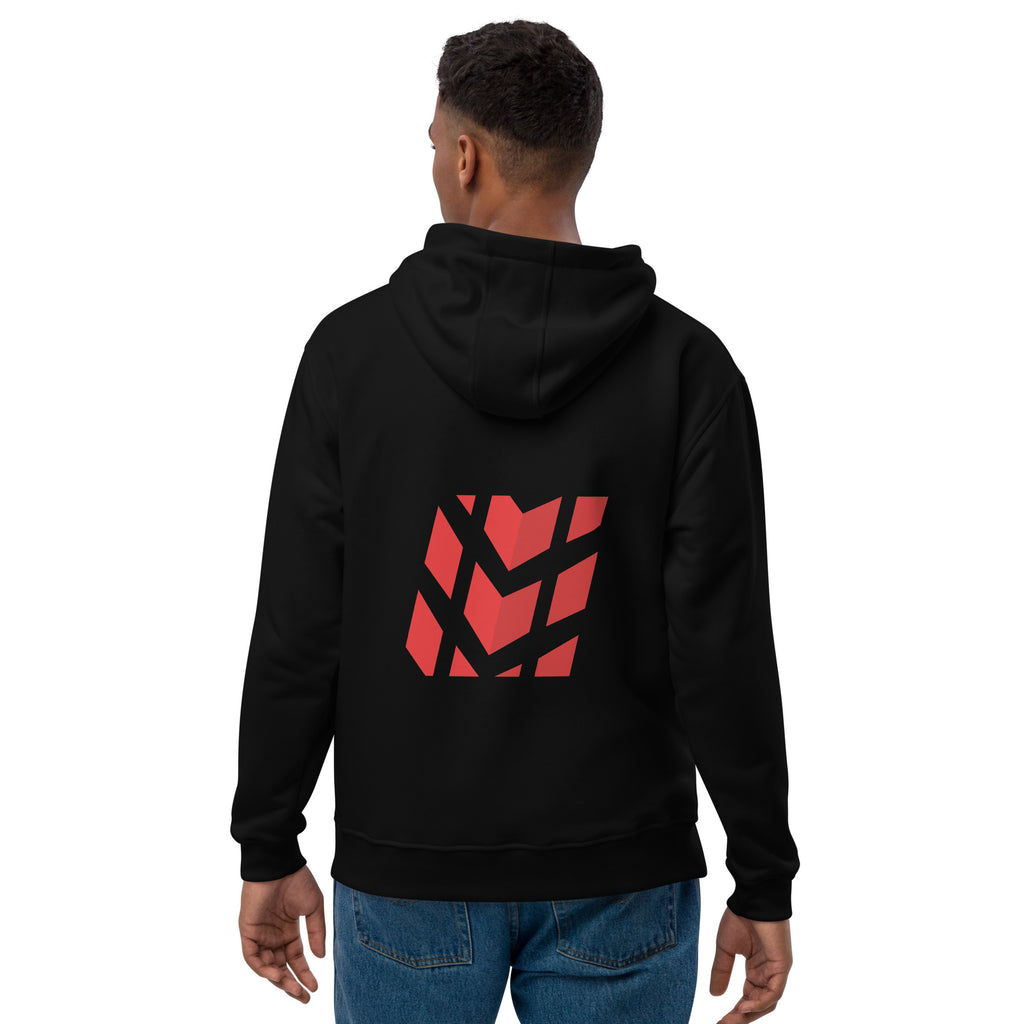 The back of a man wearing a Mudify Premium Eco Hoodie made with organic and recycled materials, showcasing a red Mudify logo.