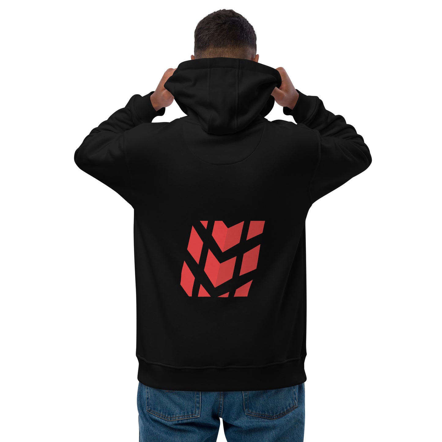 A man wearing a Mudify Premium Eco Hoodie by Mudify, which is made from organic and recycled materials, providing a comfortable fit.