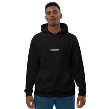 Load image into Gallery viewer, A man wearing a Mudify Premium Eco Hoodie made of organic and recycled materials, featuring a Mudify logo on it.
