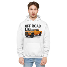 Load image into Gallery viewer, A stylish man wearing a unisex Taco Life Fleece Hoodie by Mudify that says off road life.