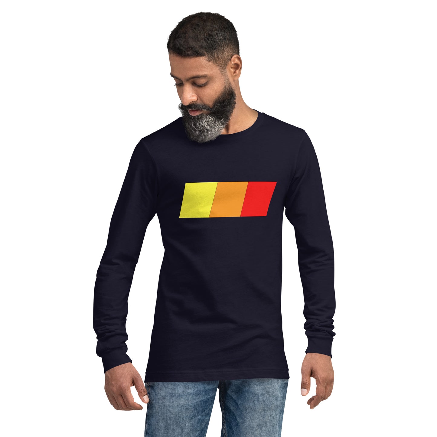 A man with a versatile look wearing a Mudify TRD Unisex Long Sleeve Tee with a yellow, red, and blue stripe.