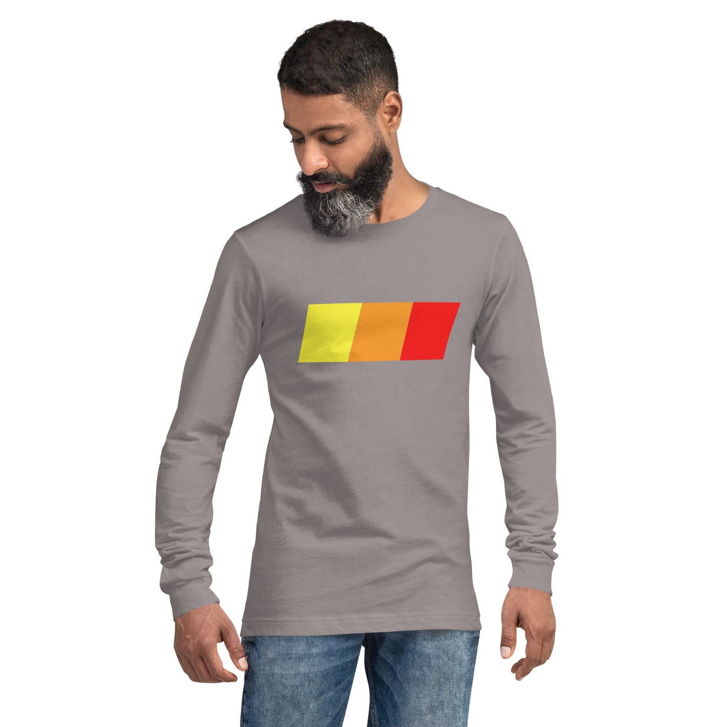 A man sporting a versatile casual look in a Mudify TRD Unisex Long Sleeve Tee with red, yellow and blue stripes.