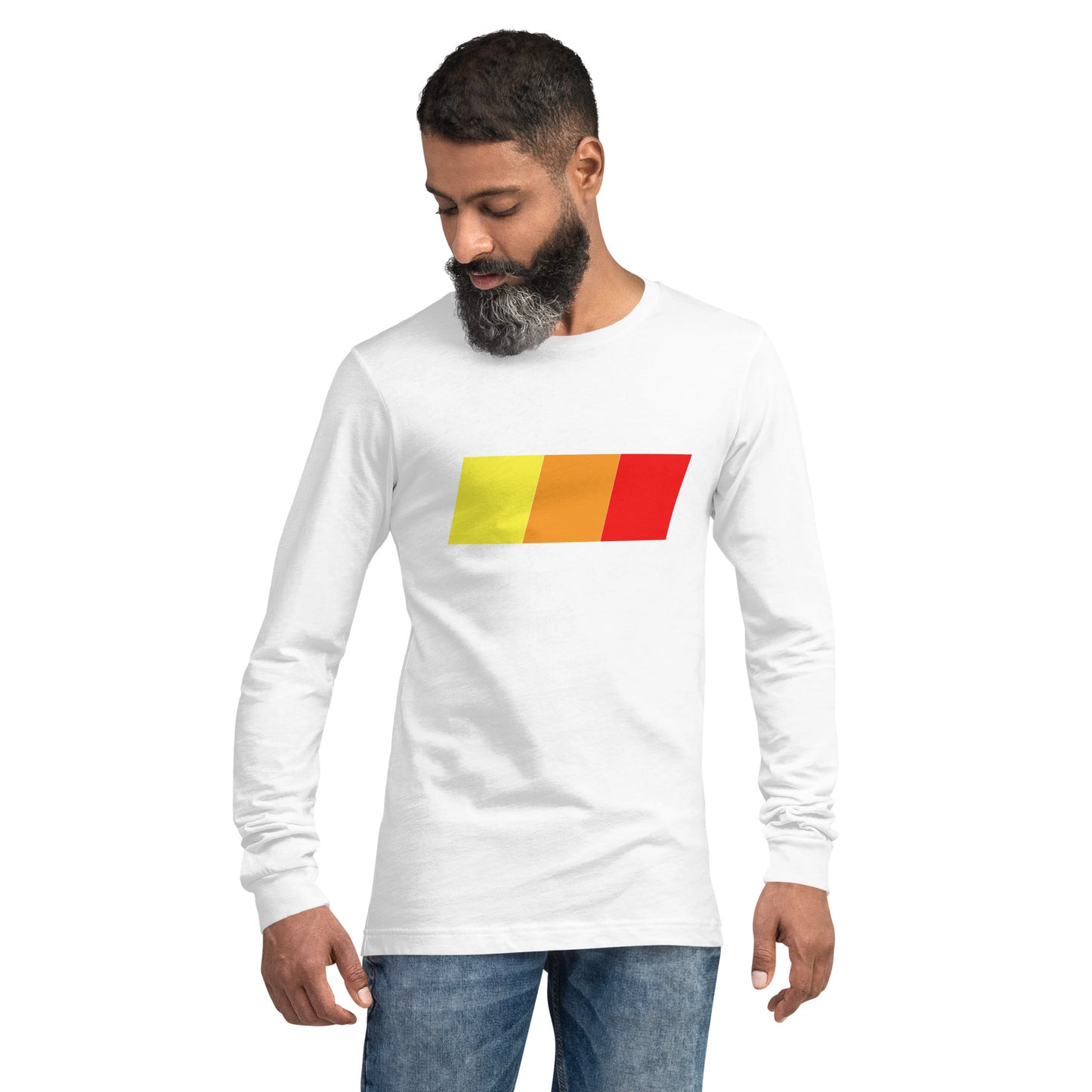 A man with a beard wearing a Mudify TRD Unisex Long Sleeve Tee, showcasing a casual look.
